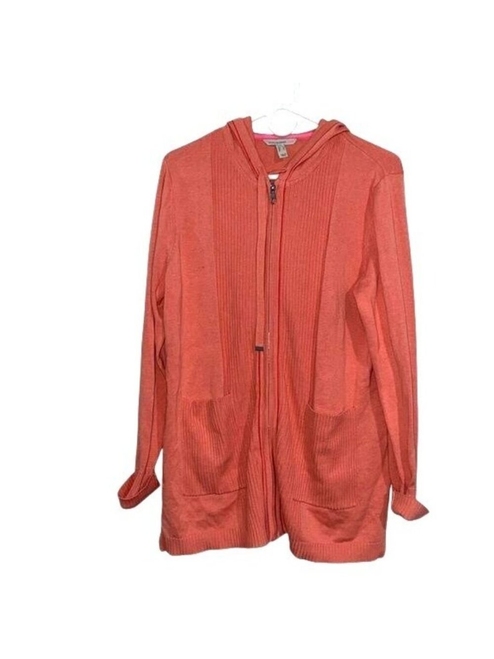 Isaac Mizrahi Live! Womens Hooded Cardigan Sweater M Coral - Picture 2 of 6